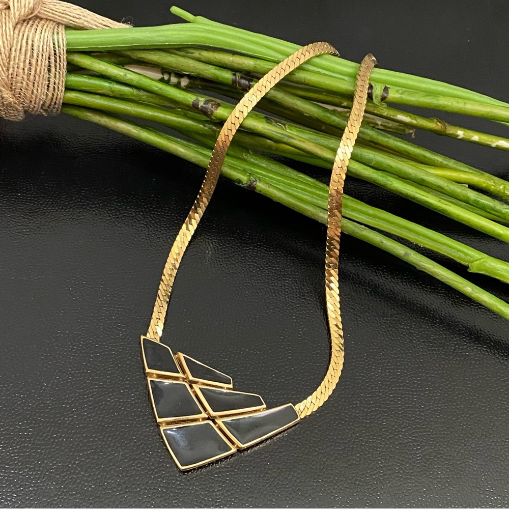 Vintage TRIFARI Signed Black Enamel Triangle Pendant Modernist Goldtone Necklace